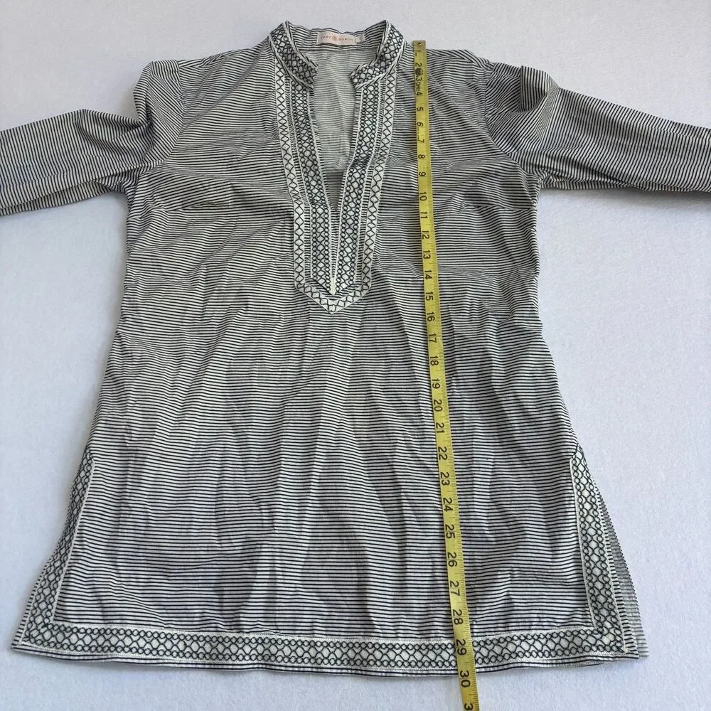 Tory Burch Striped Tunic Top Women's 10 Black White Embroidered V Neck Resort